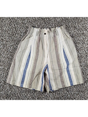 Vtg 1994 KZK Womens S Linen Blend High Waist Paperbag Style Shorts Striped Blue